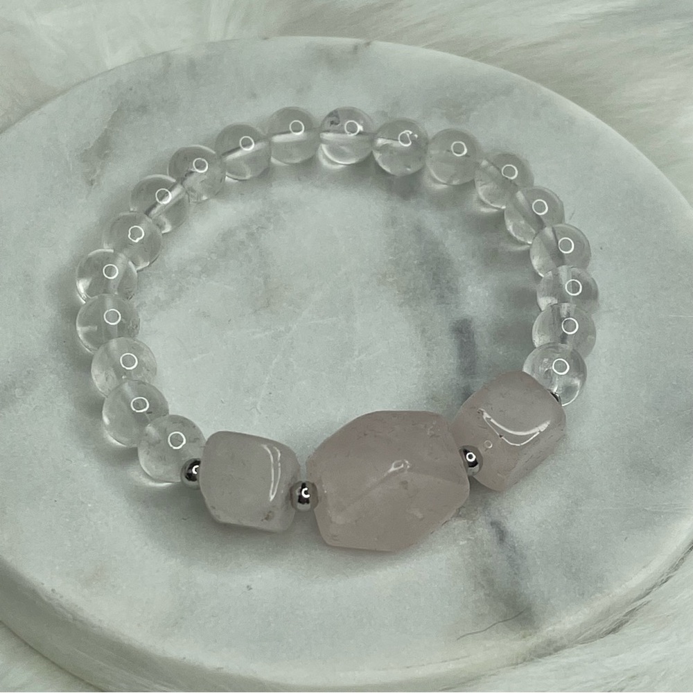 Rose and Clear Quartz Beaded Stretch Bracelet